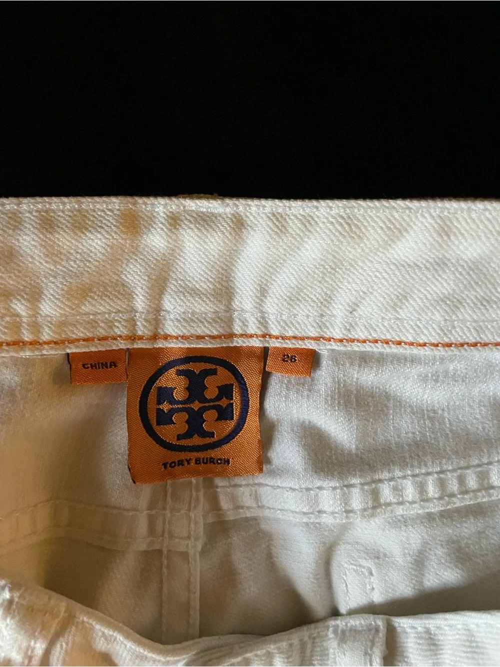 Tory Burch White Denim Jeans with Orange Logo Tag